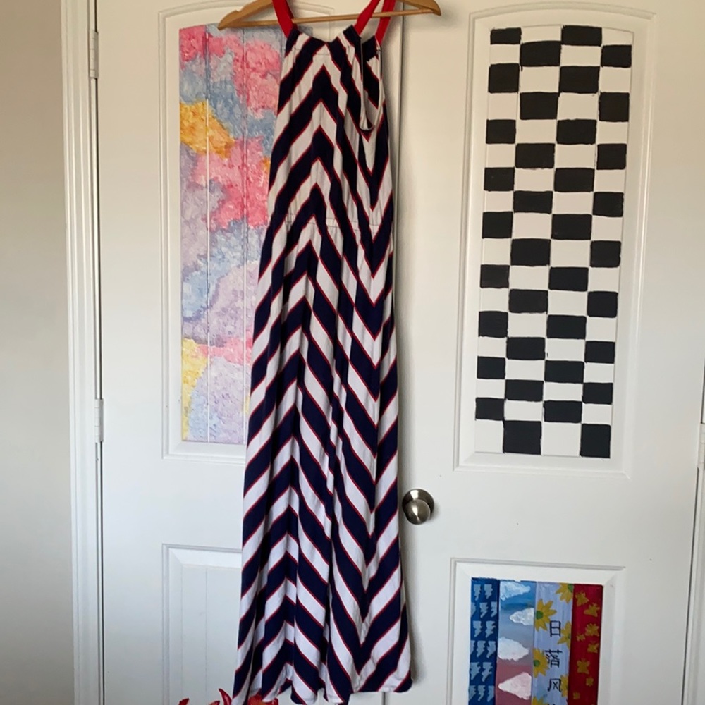 Long blue red and white dress